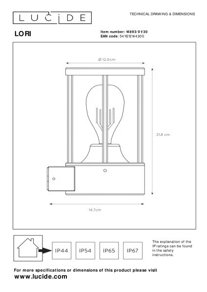 Lucide LORI - Lámpara de pared Dentro/Fuera - Ø 12 cm - 1xE27 - IP44 - Sensor día/noche - Antracita - técnico